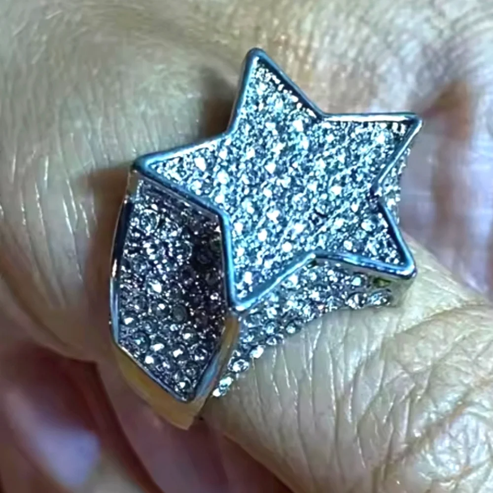 Unisex Blinged Out Silver Geometric Star Ring Sz 10